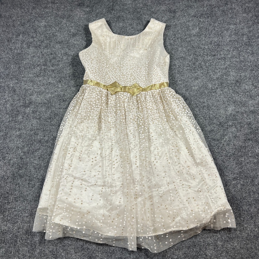 Jona Michelle A Line Dress Girls 12 Beige Sequin Polka Dot Bow Belt Front Party